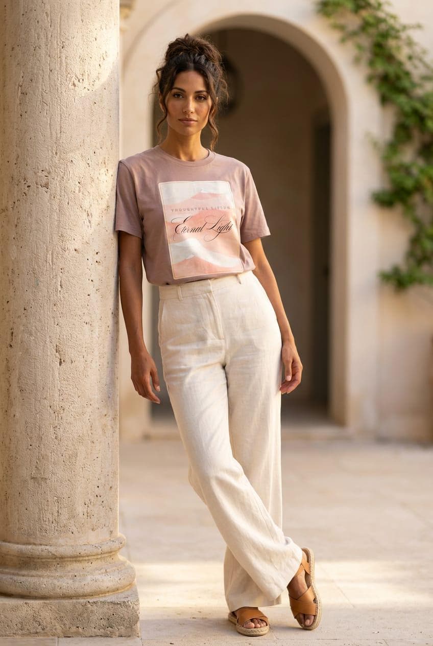 Elegant lookbook photo of a woman leaning against a stone pillar in a Mediterranean courtyard with a stone archway. She is wearing the Eternal Light Hazy Pink graphic t-shirt featuring the Thoughtful Living design, elegantly tucked into high-waisted pleated cream linen trousers with tan leather sandals.