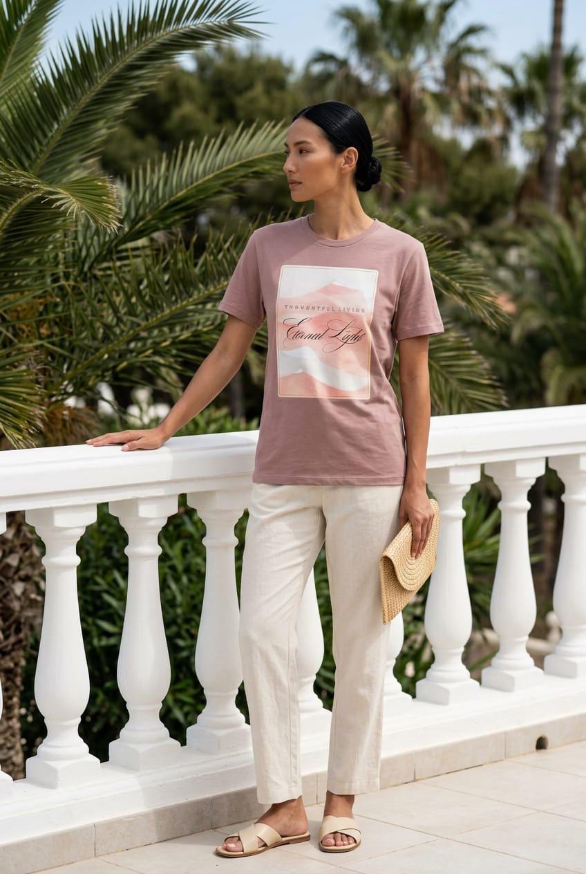 Elegant lookbook lifestyle photo of a model standing by a white balustrade terrace with palm trees, wearing the Eternal Light Hazy Pink graphic t-shirt. The tee showcases the minimalist pastel watercolor Thoughtful Living graphic, styled beautifully with cream linen trousers, neutral leather cross-strap sandals, and a woven straw clutch bag.