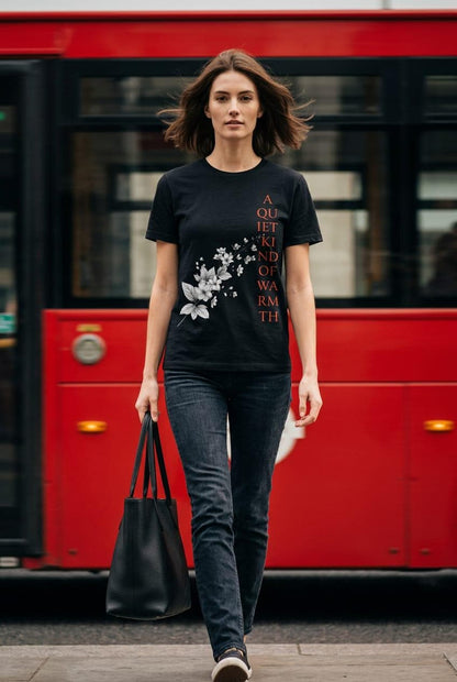 Street style lifestyle photo of a young woman walking on a city pavement with a vibrant red London bus blurred in the background. She is wearing the Eternal Light black unisex graphic t-shirt featuring a white botanical design and crimson typography reading A Quiet Kind of Warmth, carrying a black leather tote bag.