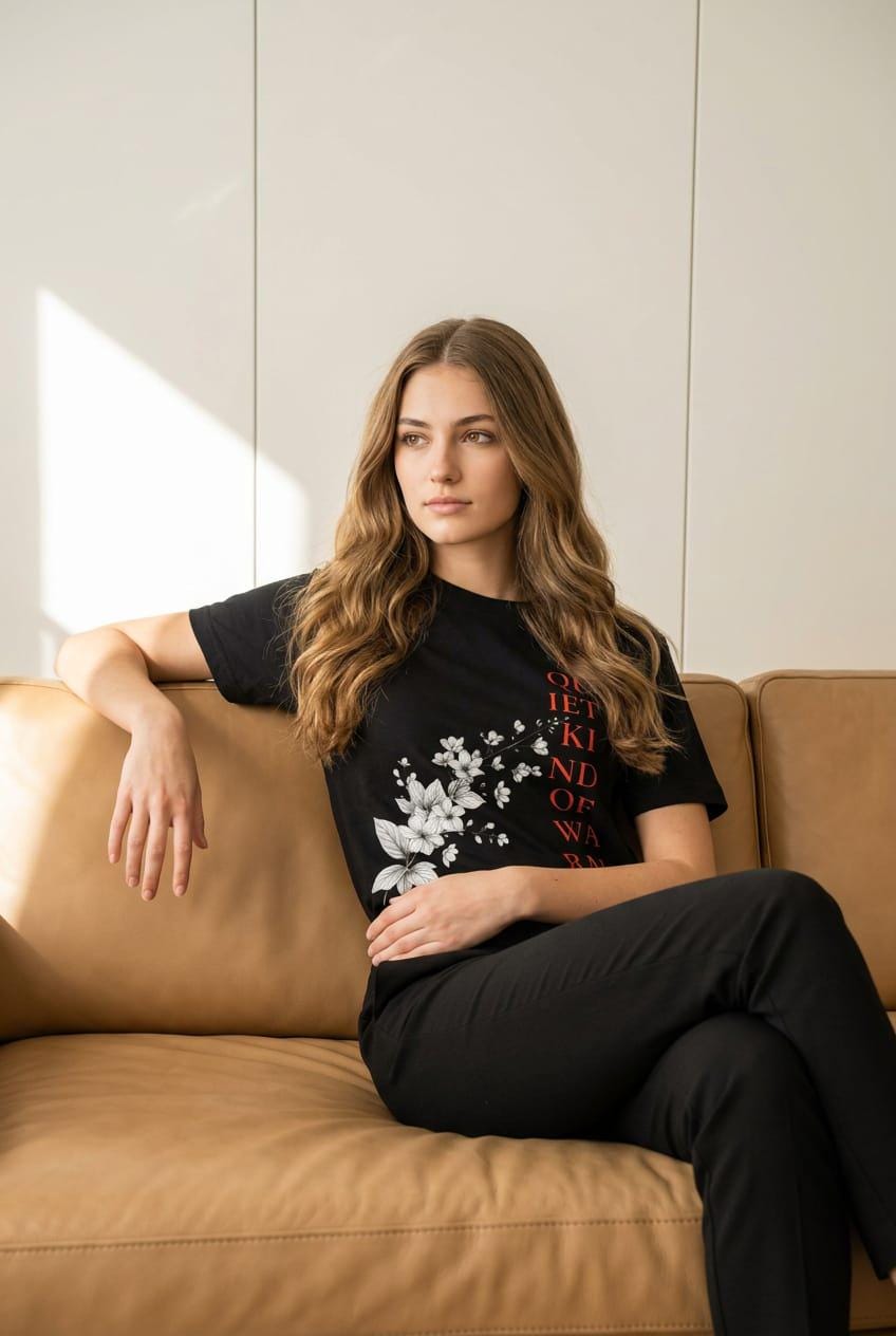 Luxury indoor lifestyle photo of a young woman with wavy brown hair sitting relaxed on a premium tan leather sofa. She is wearing the Eternal Light black unisex graphic t-shirt featuring the white floral botanical design and crimson typography reading A Quiet Kind of Warmth, paired with tailored black trousers.