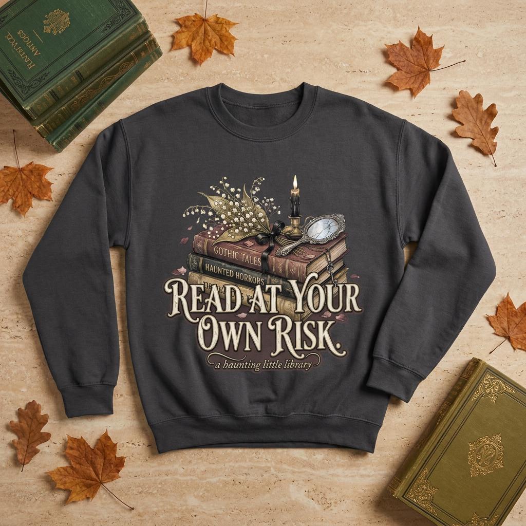 A premium 370GSM heavyweight unisex sweatshirt in a unique charcoal espresso brown, laid flat on a beige stone surface. The front displays a detailed dark academia design featuring a stack of vintage books titled "Gothic Tales." A burning black candle, delicate lily of the valley blossoms, and a vintage cracked mirror rest atop the books. Cream text boldly reads "READ AT YOUR OWN RISK." The cozy arrangement is framed by rustic, dried autumn oak leaves and antique library volumes.