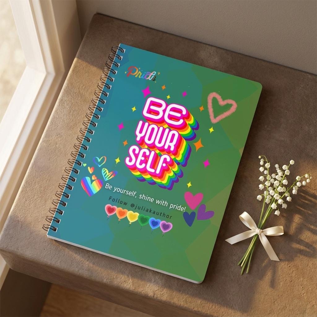 Main product photo of the limited edition Eternal Light A5 Pride notebook. The vibrant teal and green geometric stained-glass background features bold 3D retro typography reading BE YOURSELF layered with a thick rainbow drop shadow, decorated with scattered colourful sparkles and graphic rainbow hearts, styled with a sprig of lily of the valley placed on a warm brown concrete shelf.