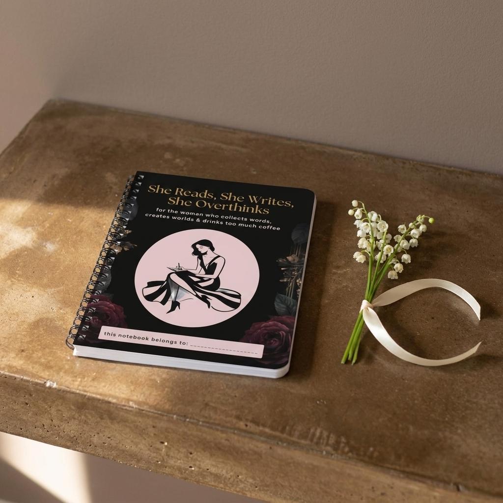 Black and gold spiral notebook for women who love reading and writing, featuring a writer illustration and personalised name space. She Reads, She Writes, She Overthinks journal. Notebook lying on a brown concrete shelf with lily of the valley sprig beside it.