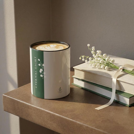 A white ceramic mug with a dark green band featuring the text "ETERNAL LIGHT" and a floral design. The mug is filled with a latte, topped with latte art. The mug sits on a wooden shelf next to a stack of books and a sprig of lily of the valley on top.