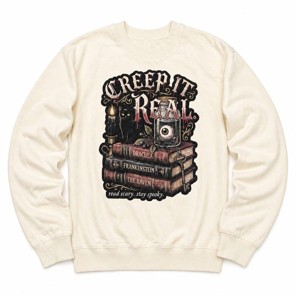 Heavyweight oversized autumn sweatshirt in cream with vintage gothic Halloween book lover design.