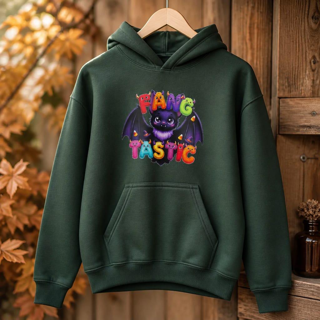Bottle green Fangtastic kids Halloween hoodie with colourful bat and monster design on a hanger in an automnal scene.