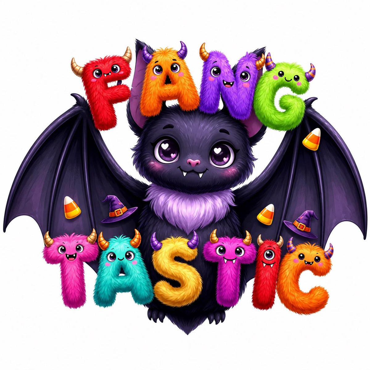 Cute bat and monster Halloween design for children from the Eternal Light Monster Crew collection.