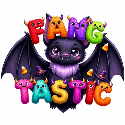 Cute bat and monster Halloween design for children from the Eternal Light Monster Crew collection.