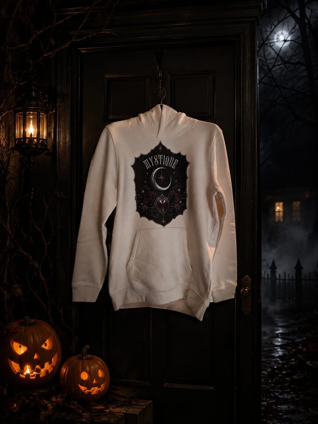 Mystique tween hoodie styled in a dark autumn scene with warm Halloween lighting.