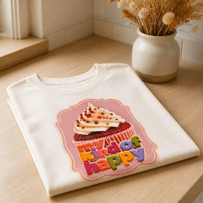 Folded ecru My Kind of Happy cotton T shirt with colourful cupcake design in warm neutral styling.