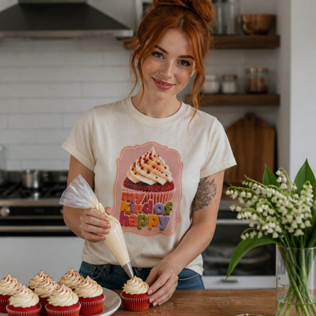 Woman wearing My Kind of Happy cupcake T shirt while decorating cupcakes in a kitchen.