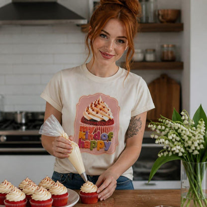 Woman wearing My Kind of Happy cupcake T shirt while decorating cupcakes in a kitchen.