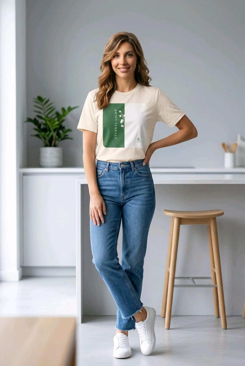 Model wearing the ecru cream Lily of the Valley signature t-shirt tucked into denim jeans.