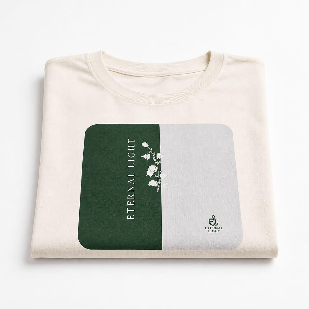 A premium ecru cream t-shirt folded neatly on neutral background, cleanly showcasing the signature Lily of the Valley artwork and Eternal Light logo printed on the front.