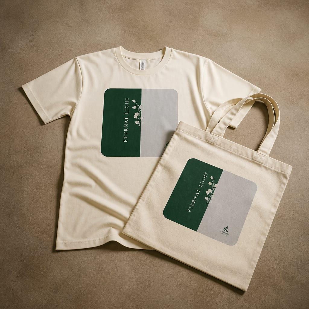 Lily of the Valley premium ecru t-shirt laid flat next to a matching organic canvas tote bag for life.