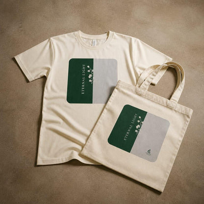 Lily of the Valley premium ecru t-shirt laid flat next to a matching organic canvas tote bag for life.
