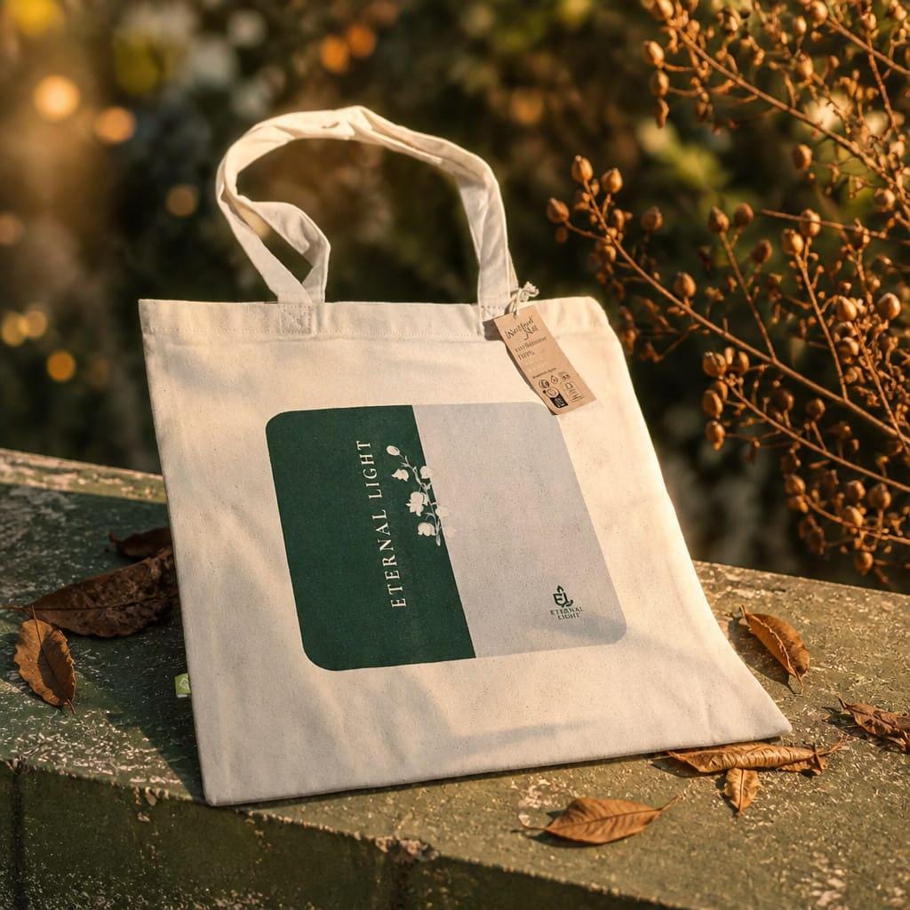 A premium cream EarthAware canvas organic tote bag for life displayed on a stone ledge in warm golden sunlight, showcasing the signature split green and cream print with the Eternal Light wordmark and Lily of the Valley illustration, surrounded by dry leaves.