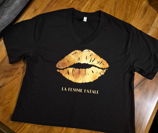 Gilded Kiss V-Neck T-Shirt | Metallic Gold Lip Print