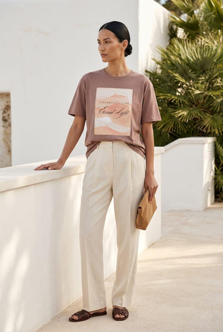 Premium lookbook lifestyle photo of a model standing by a minimalist white stucco wall, wearing the Eternal Light Hazy Pink graphic t-shirt. The tee is casually tucked into elegant, high-waisted pleated cream trousers and styled with dark brown woven leather sandals and a soft suede tan clutch bag.