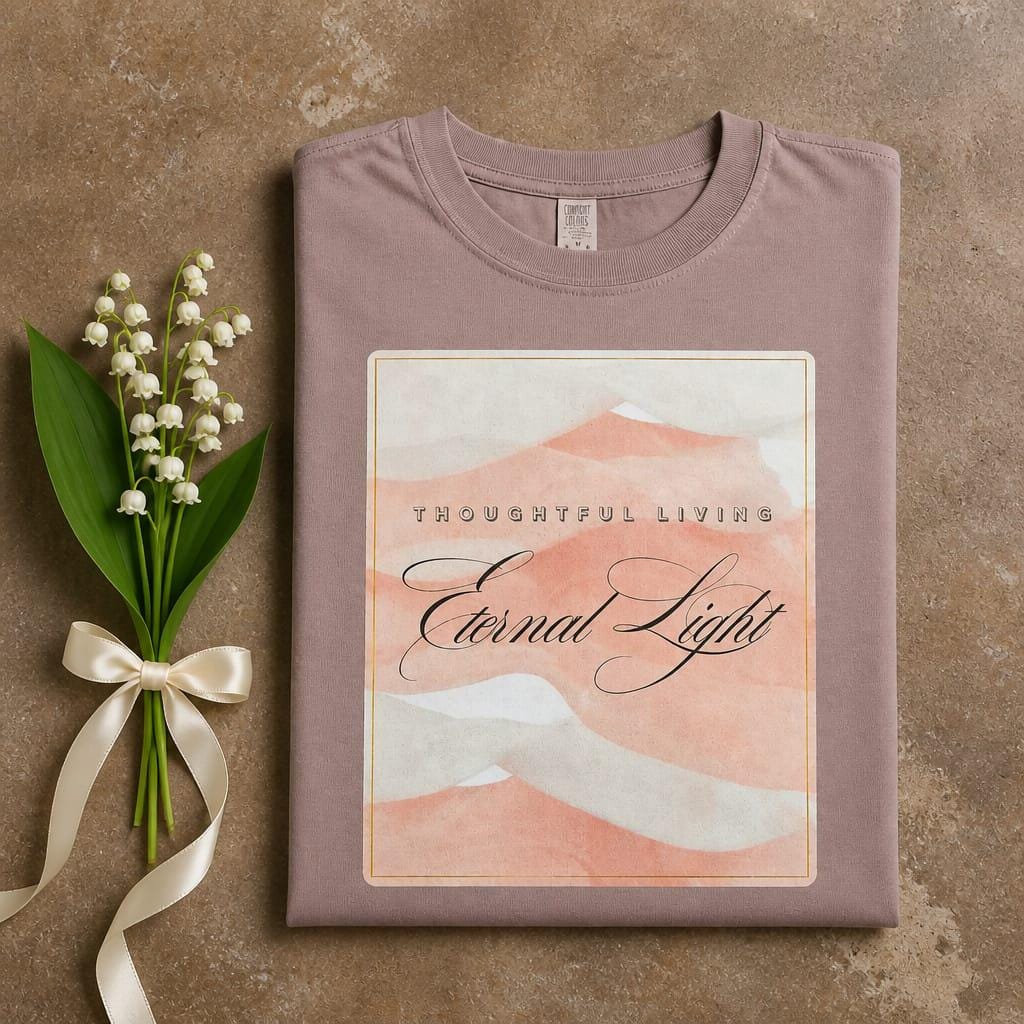 Main product photo of the Eternal Light Hazy Pink graphic t-shirt neatly folded on a textured stone table. The central pastel watercolour graphic reads Thoughtful Living Eternal Light, beautifully styled next to a delicate bouquet of white Lily of the Valley flowers tied with a cream silk ribbon.