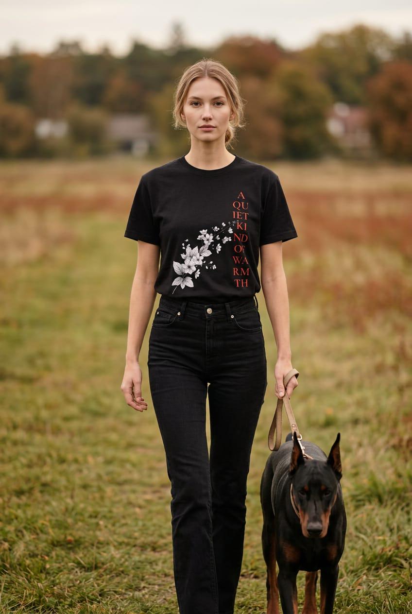 Outdoor lifestyle portrait of a model walking through an open autumn field with a black Doberman dog on a leash. She is wearing the Eternal Light black graphic t-shirt featuring a delicate white floral illustration and vertical crimson typography reading A Quiet Kind of Warmth, tucked into high-waisted black jeans.