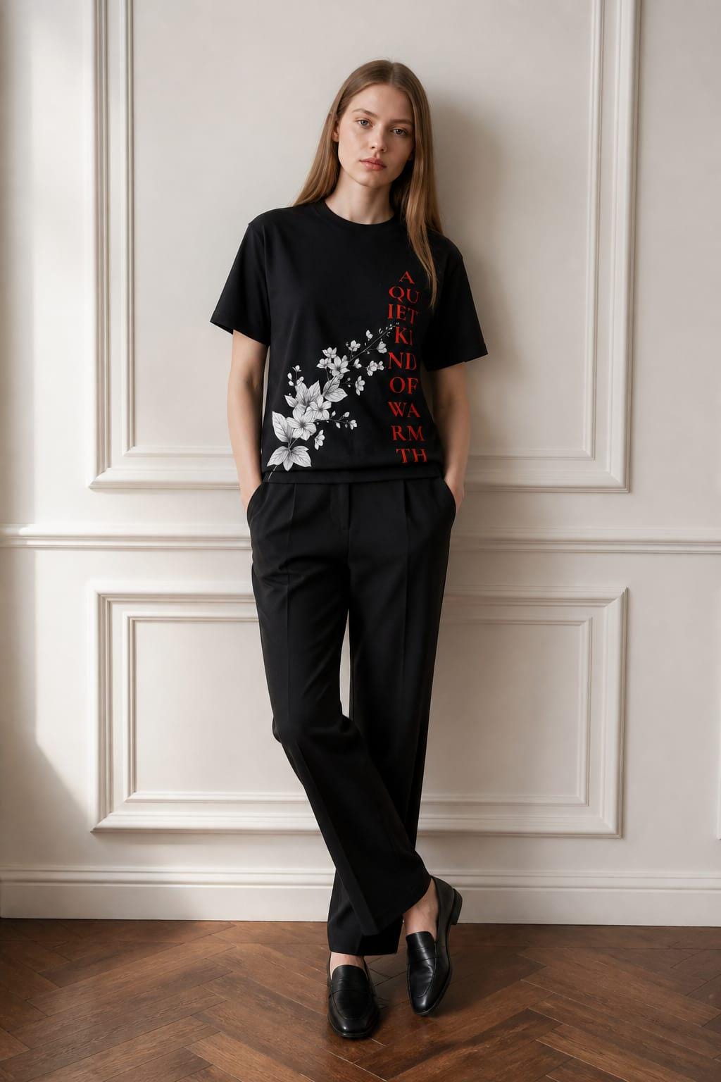 Studio lookbook photo of a model leaning against a classic white wood-paneled wall, wearing the Eternal Light black graphic t-shirt. The tee features the monochrome floral art and vertical crimson text reading A Quiet Kind of Warmth, styled with elegant, tailored black trousers and polished black leather loafers on a herringbone wood floor.