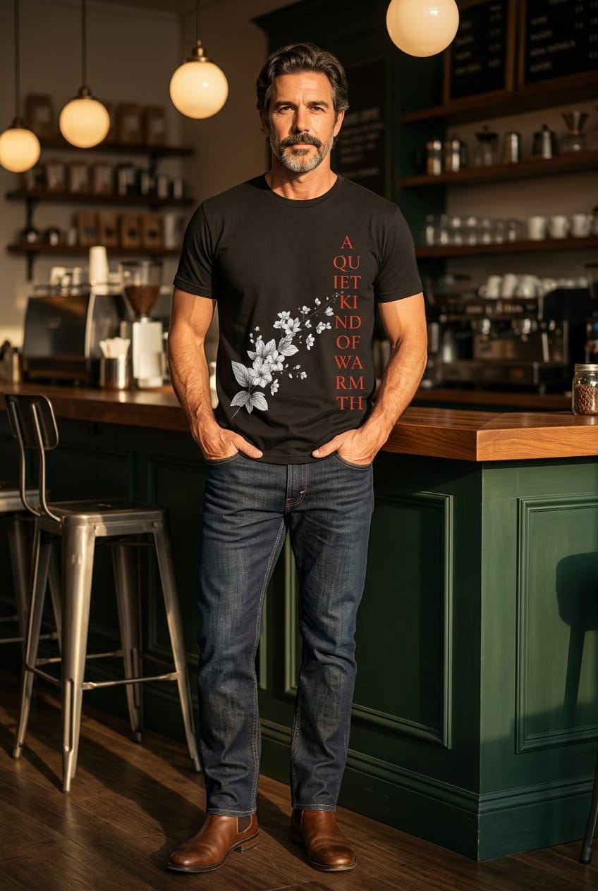 Premium lookbook photo of a mature man standing inside a cozy, dimly-lit local coffee shop or café bar. He is wearing the Eternal Light black unisex graphic t-shirt featuring the white floral botanical design and crimson typography reading A Quiet Kind of Warmth, styled with dark blue denim jeans and brown leather boots.