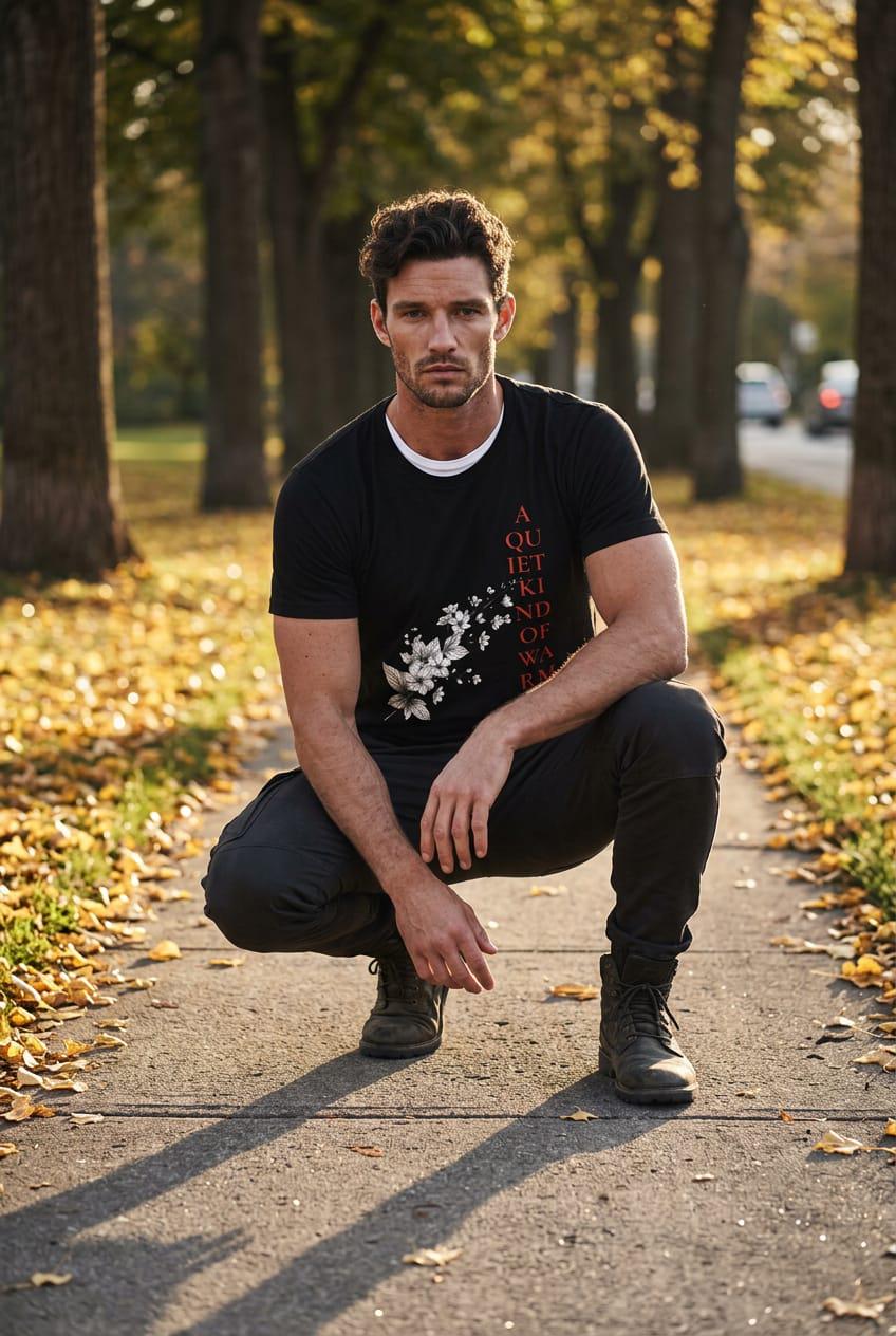 Outdoor street style photo of a man crouching on a concrete park pathway lined with trees and scattered yellow autumn leaves. He is wearing the Eternal Light black unisex graphic t-shirt featuring the white floral design and crimson text reading A Quiet Kind of Warmth, layered over a white crew neck tee and styled with black trousers and rugged dark boots.