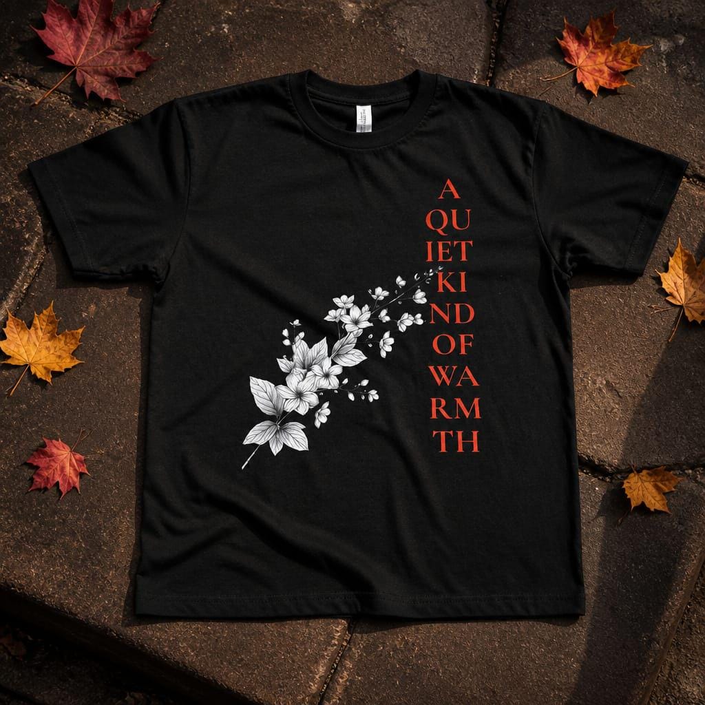 Flatlay product photo of the Eternal Light black graphic t-shirt laid flat on dark textured stone paving stones, surrounded by scattered orange and red autumn maple leaves. The tee displays a crisp, clear view of its white botanical flower sketch and vertical crimson red typography reading A Quiet Kind of Warmth.
