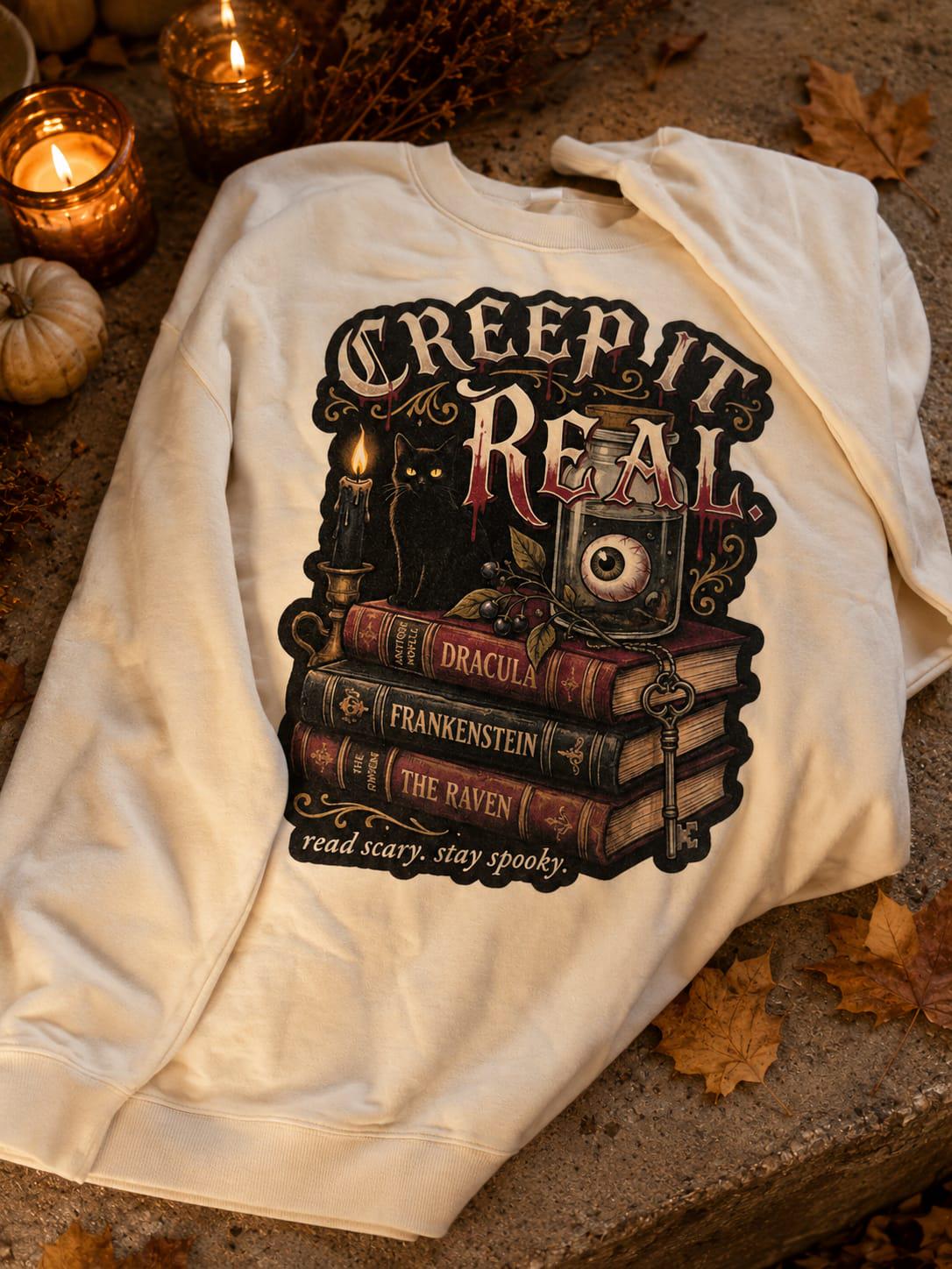 Gothic reading sweatshirt with Dracula Frankenstein and The Raven book design in cream black and autumn tones.