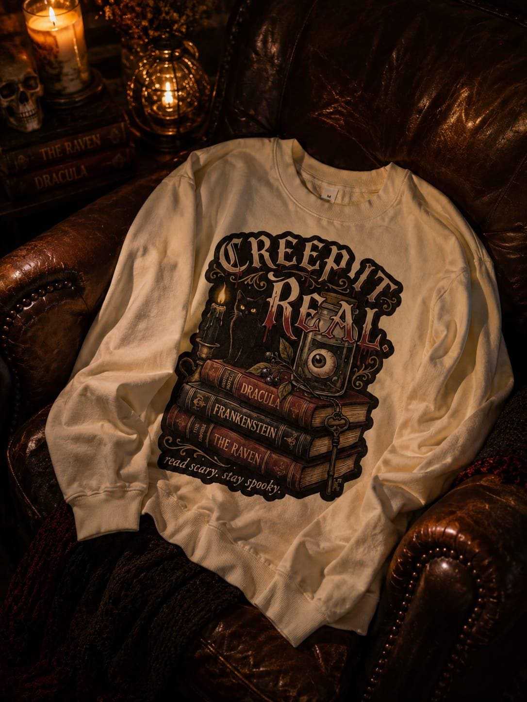 Cream oversized Halloween sweatshirt draped over a vintage leather armchair in atmospheric spooky lighting.
