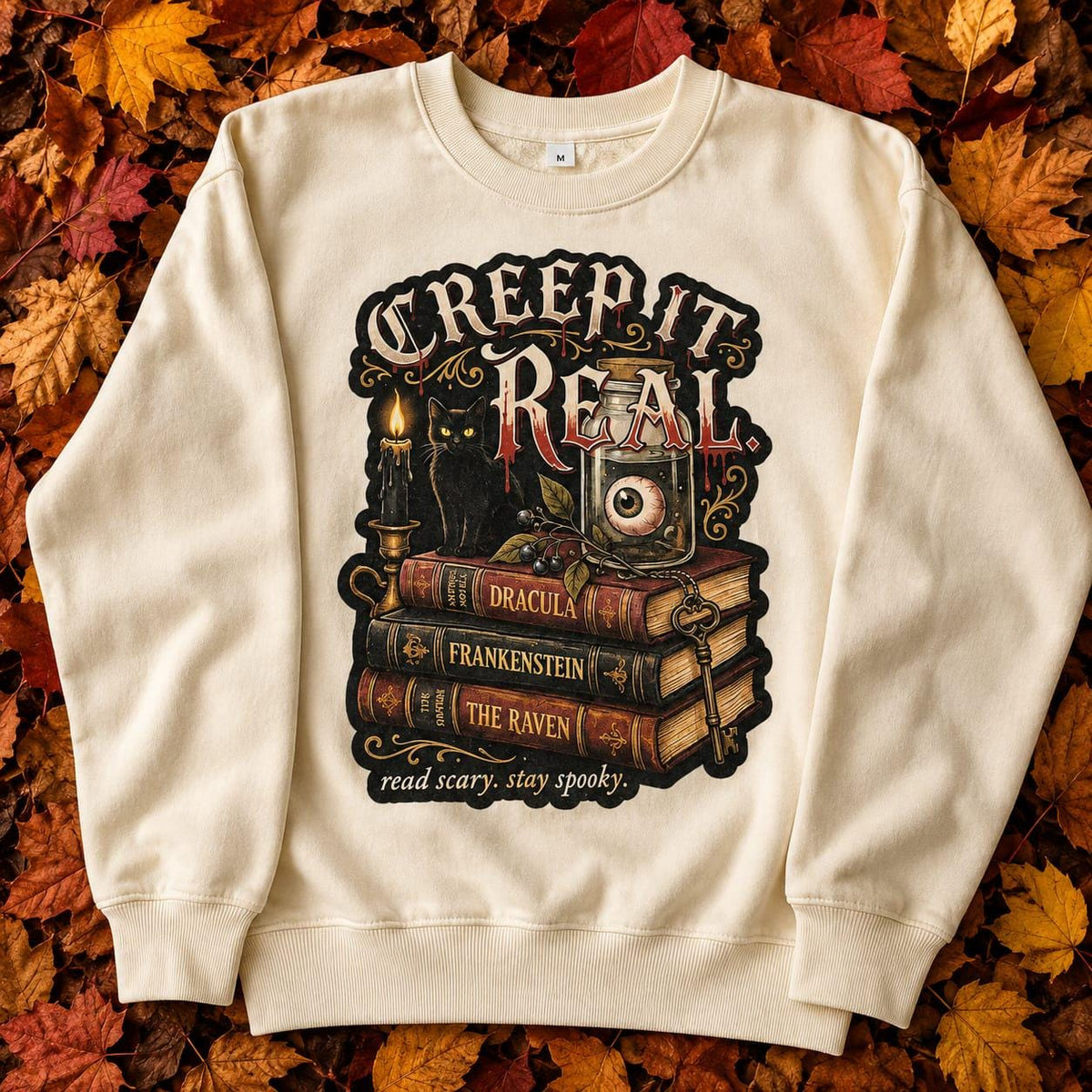 Heavyweight oversized autumn sweatshirt in cream with vintage gothic Halloween book lover design.