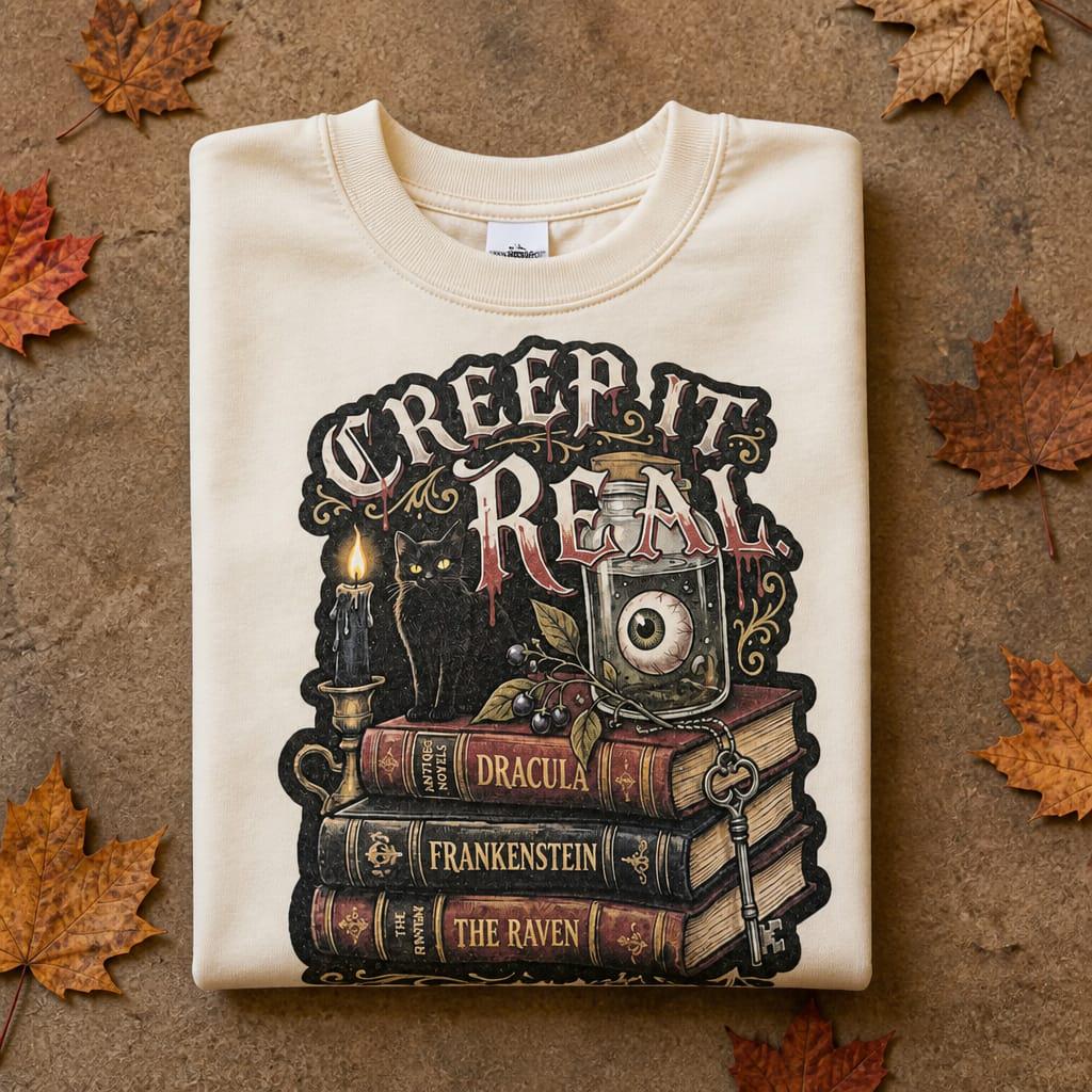 Gothic reading sweatshirt with Dracula Frankenstein and The Raven book design in cream black and autumn tones.
