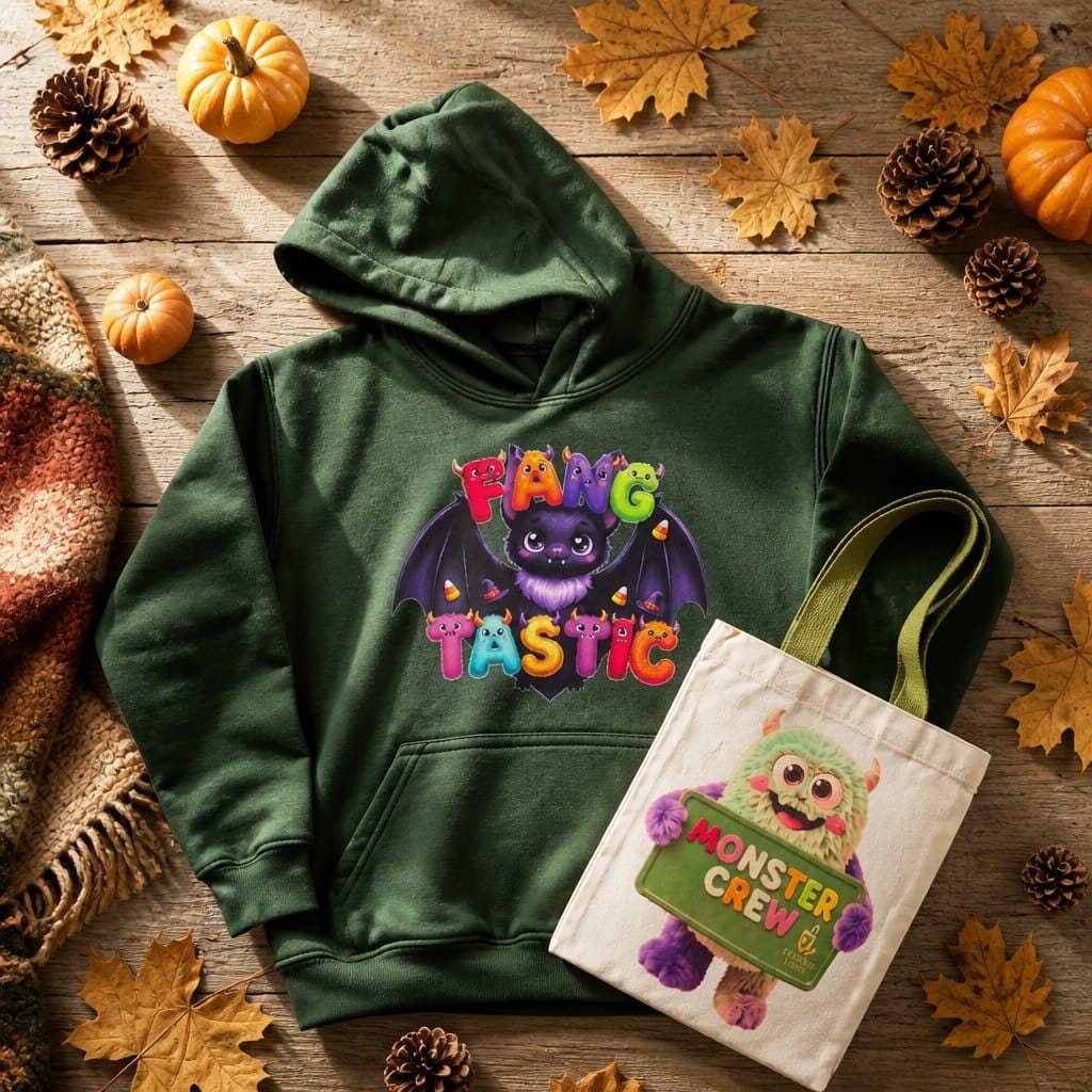 Kids Fangtastic monster hoodie styled with golden autumn leaves and pumpkins for Halloween, arranged with the Monster Crew design trick or treat complimentary bag.