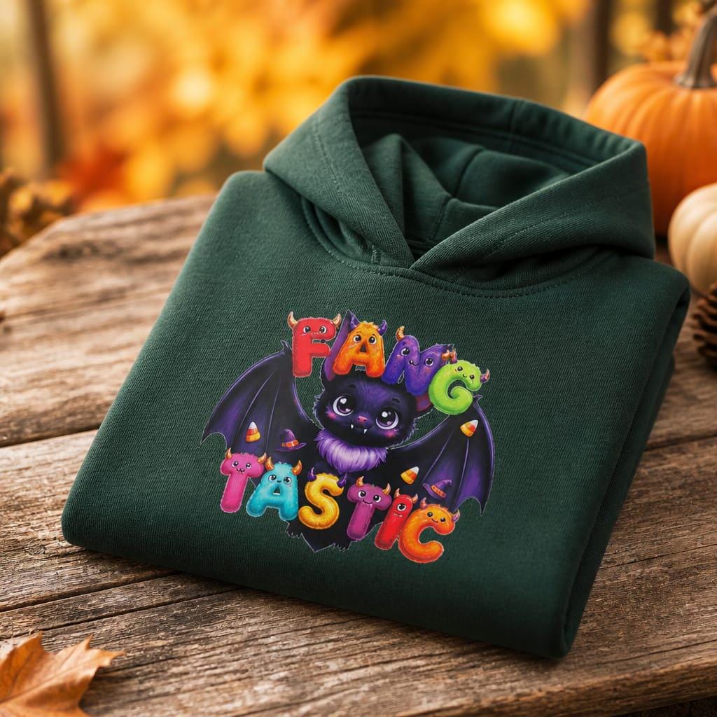 Kids Fangtastic monster hoodie neatly folded, and styled with golden autumn leaves and pumpkins for Halloween.