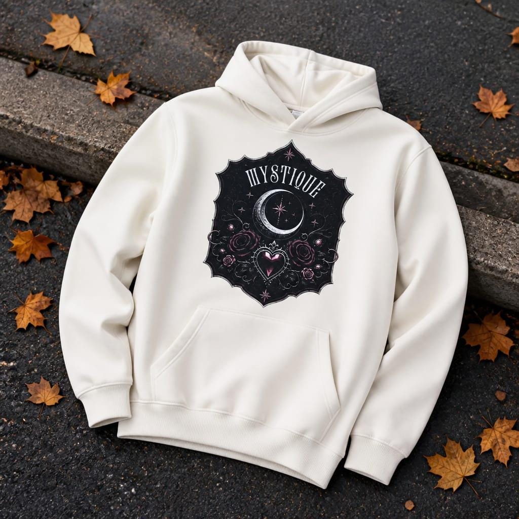 Cream organic cotton tween hoodie with dramatic black and plum gothic design, lying on a kerb with autumn leaves around it.