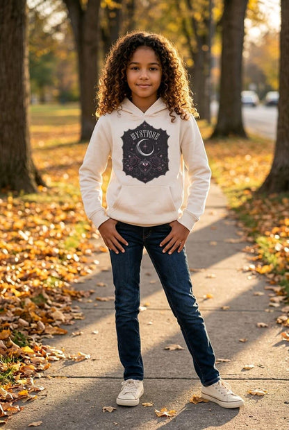 Tween wearing cream Mystique hoodie with gothic moon and roses design on an autumn walk.