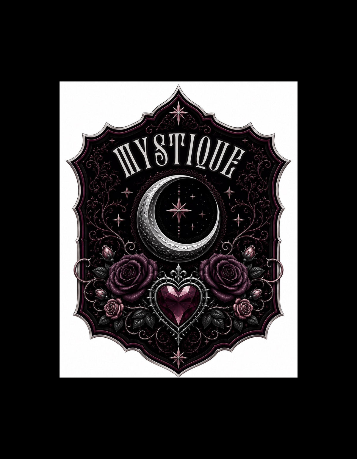 dramatic black and plum gothic design, featuring dark celestial Mystique artwork.