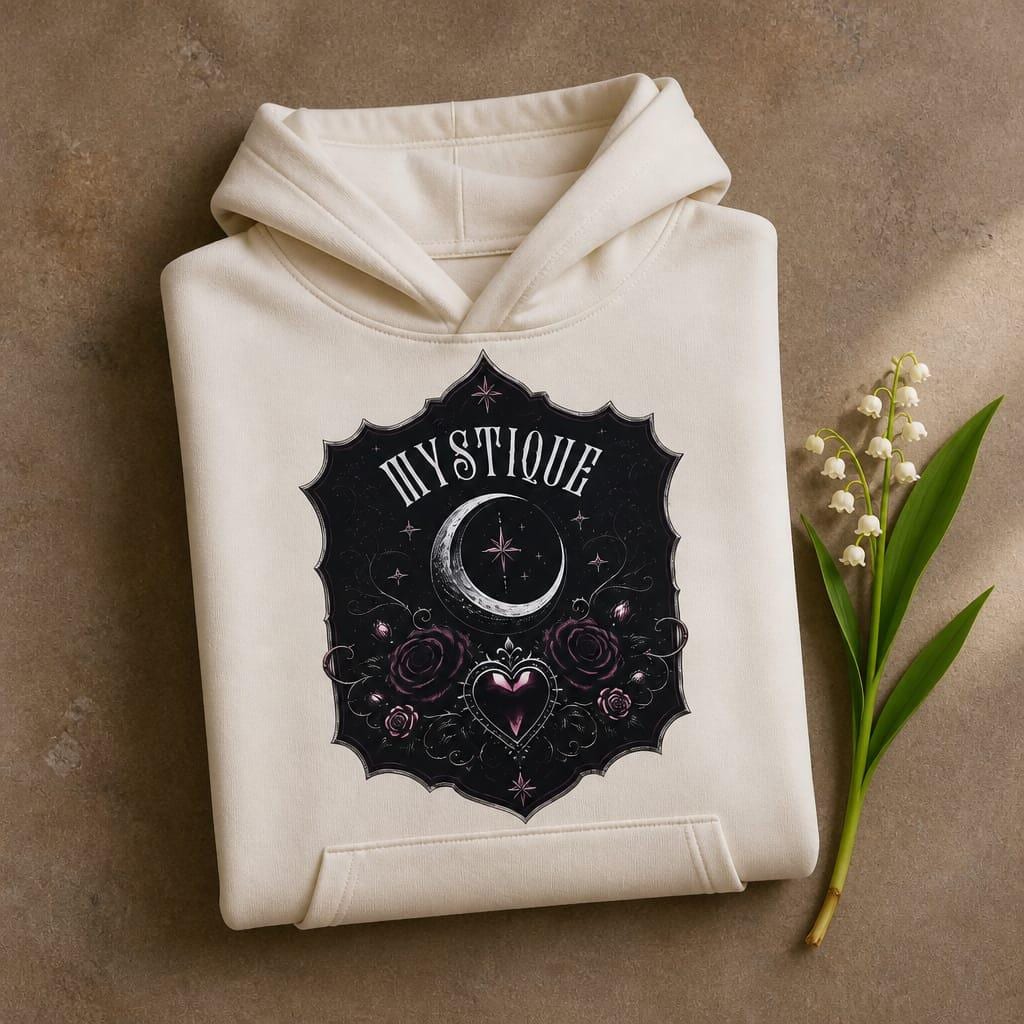 Gothic moon and roses tween hoodie in cream with dark romantic celestial artwork, neatly folded with a sprig of lily of the valley next to it.