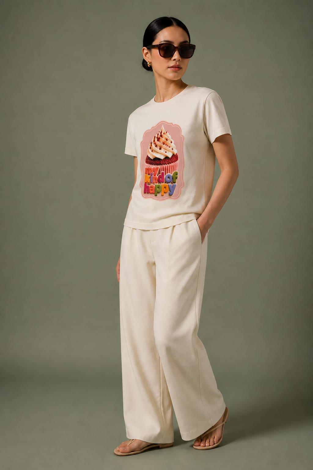 Woman wearing ecru My Kind of Happy T shirt with colourful cupcake graphic and neutral trousers.