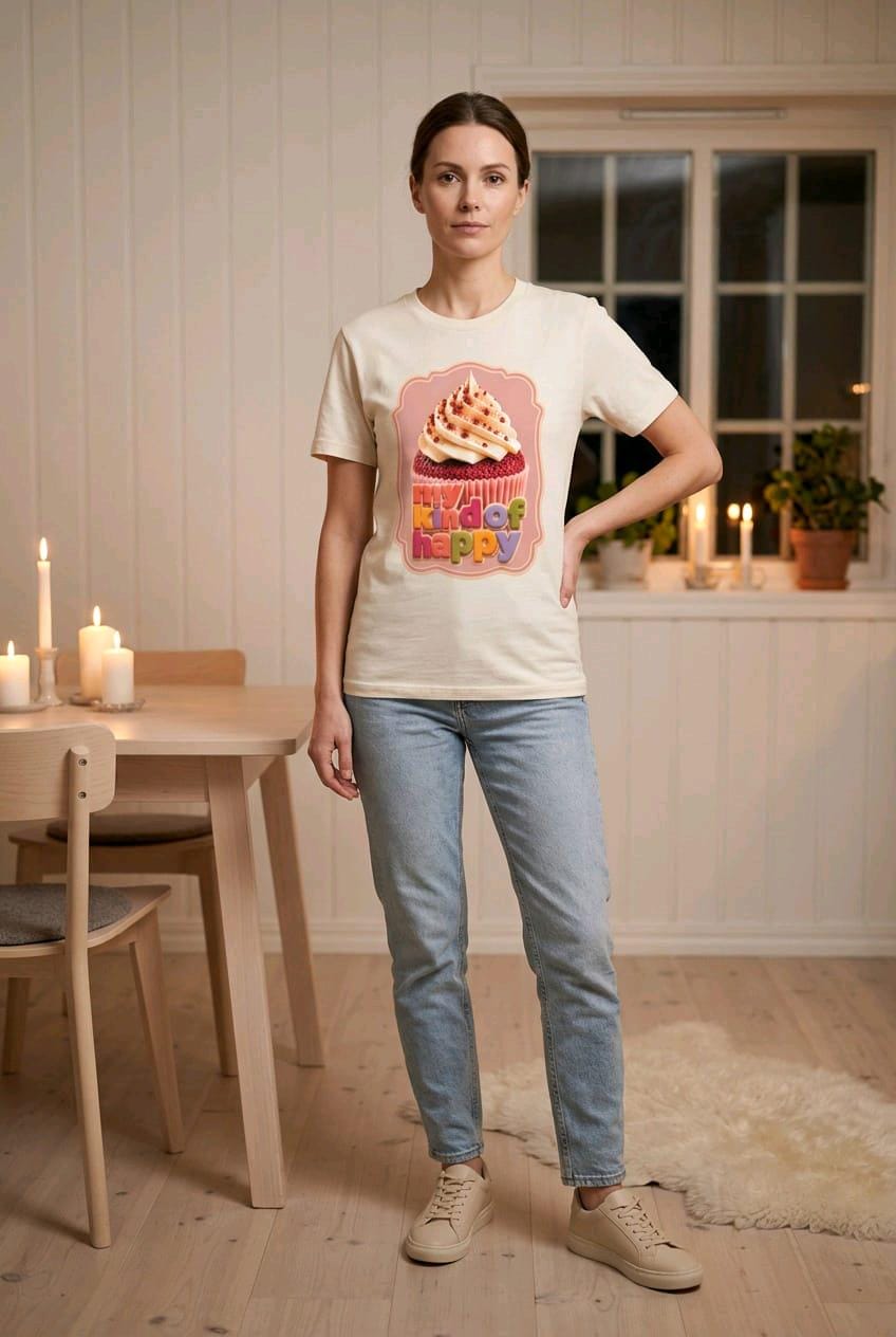 Woman wearing My Kind of Happy ecru graphic T shirt with jeans in a warm cosy home setting.