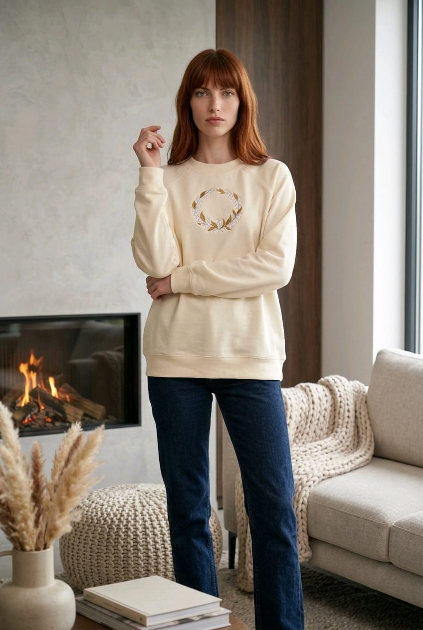 Woman wearing ecru oversized sweatshirt with delicate Lily of the Valley wreath embroidery.
