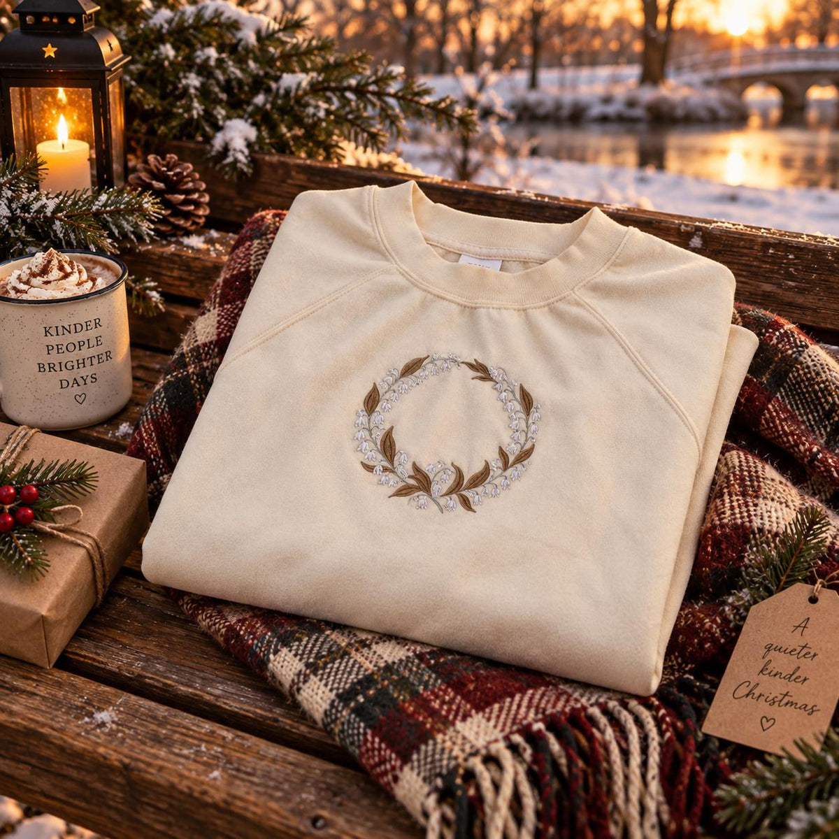 Ecru Lily of the Valley wreath embroidered sweatshirt styled in a cosy winter setting.