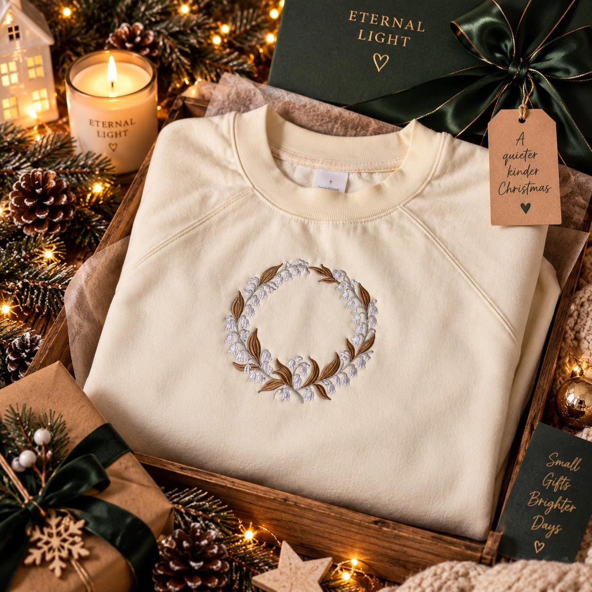 Ecru Lily of the Valley wreath embroidered sweatshirt styled in a cosy winter setting.