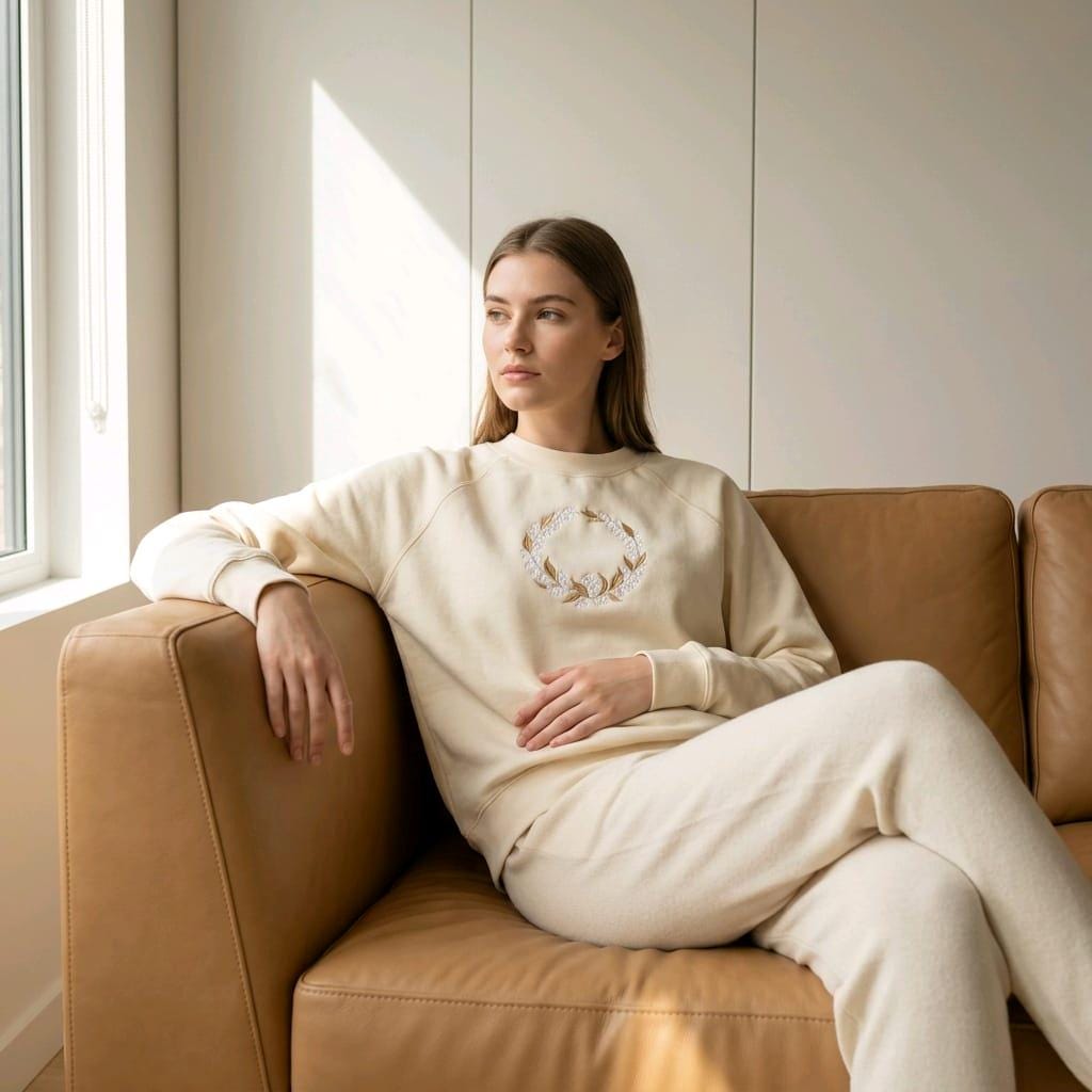 Woman wearing ecru oversized sweatshirt with delicate Lily of the Valley wreath embroidery.