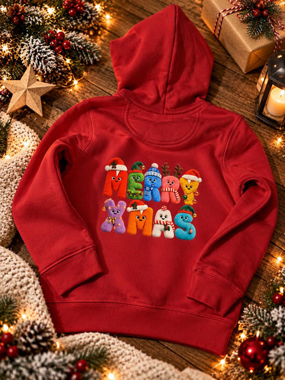 Back view of festive red children's Christmas hoodie, ages 4–6, featuring a large, colourful MERRY XMAS design with cheerful festive character letters, made from premium 350 GSM organic cotton blend fabric.