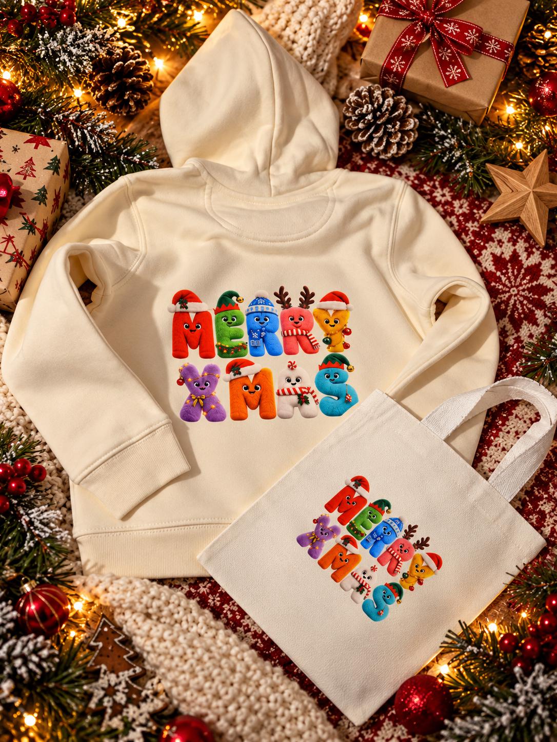 Cream children's Christmas hoodie with colourful MERRY XMAS character print and matching cotton tote bag, presented as a festive gift set with Christmas decorations.