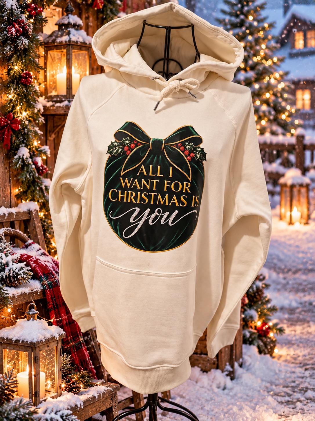 Cream Christmas hoodie displayed on a mannequin in a cosy festive setting, featuring an emerald-green and gold “All I Want for Christmas Is You” design.