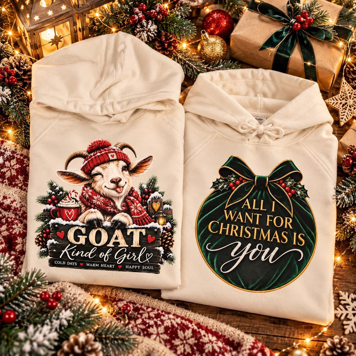 The first is your cream “GOAT Kind of Girl” Christmas hoodie, featuring an adorable winking goat in a red knitted hat and scarf, surrounded by festive greenery.

For the photograph showing both hoodies together, here's the corrected Etsy alt text:

Two cream Christmas hoodies folded side by side, featuring a festive “GOAT Kind of Girl” goat design and an elegant emerald-green and gold “All I Want for Christmas Is You” ornament design.