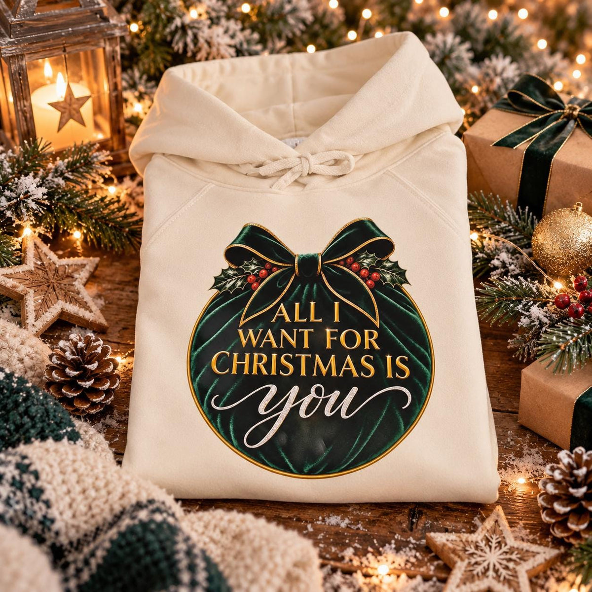 Folded cream Christmas hoodie featuring an elegant emerald-green velvet-effect ornament with gold detailing, festive holly, bow and “All I Want for Christmas Is You” lettering.